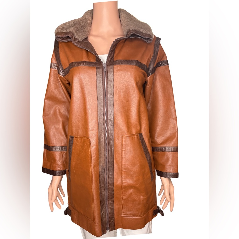 Vegan Leather Long Coat with Faux Fur Collar Medium